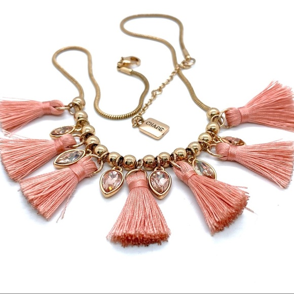 CHAPS Peach Cotton Tassels Necklace Goldtone Chain with Rhinestones - Picture 9 of 10
